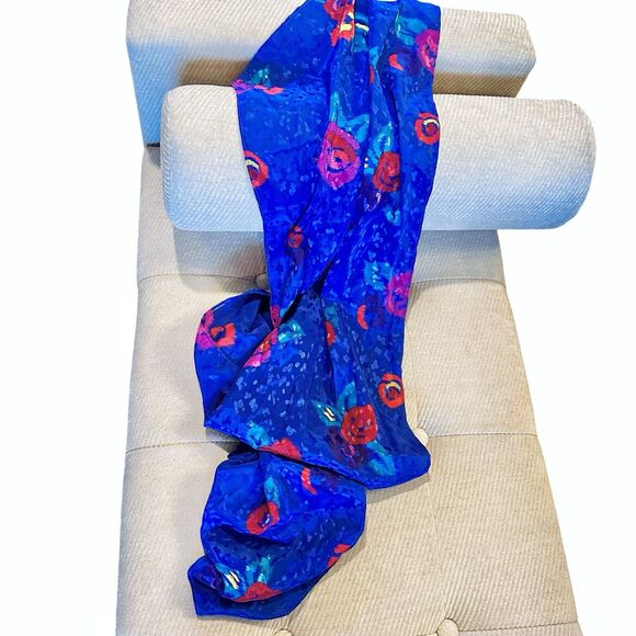 Vintage Scarf 12” x 50” Abstract Floral Painterly Rose Silky Parisian Boho Indie - Picture 5 of 6